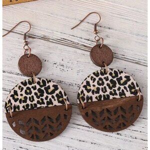 Boho Statement Wooden Earrings With Leopard Print & Cutout Design‎ NEW